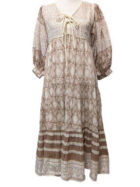 Daughters Of India NWT Womens Size XS Jasmine Cream Brown Tie Cotton Midi Dress